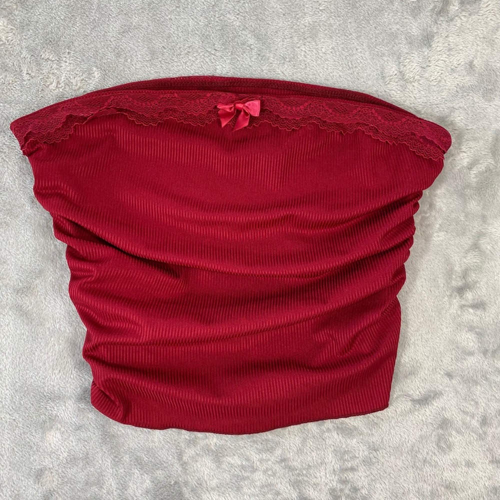 SHEIN Tube Top Women Medium Burgundy Red Lace Trim Ribbed Ruched Bow Summer